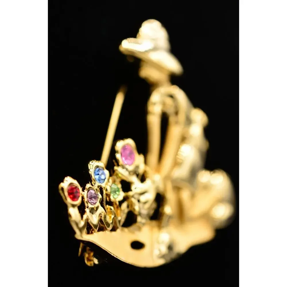 Vintage Flower Garden Pin Brooch Figural Floral Crystal Gold NOS 1980s BinA9
